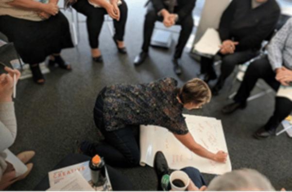 A group of people sitting around someone writing on butcher's paper.